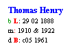 Text Box: Thomas Henry
b L: 29 02 1888
m: 1910 & 1922
d B: c05 1961
