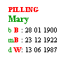 Text Box: PILLING
Mary
b B : 28 01 1900
mB : 23 12 1922
d W: 13 06 1987
