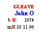 Text Box: GLEAVE
John O
b N:     1874
mN:10 11 96
