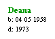 Text Box: Deana
b: 04 05 1958
d: 1973
