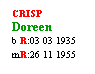 Text Box: CRISP
Doreen
b R:03 03 1935
mR:26 11 1955
