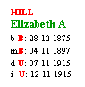 Text Box: HILL
Elizabeth A
b B: 28 12 1875
mB: 04 11 1897
d U: 07 11 1915
i  U: 12 11 1915
