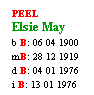 Text Box: PEEL
Elsie May
b B: 06 04 1900
mB: 28 12 1919
d B: 04 01 1976
i B: 13 01 1976
