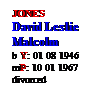 Text Box: JONES
David Leslie
Malcolm
b Y: 01 08 1946
mP: 10 01 1967
divorced
 
